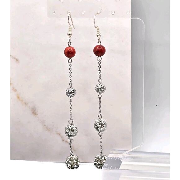 Artisan Shoulders Dusters Earrings Pierced Silver Tone Red Stone Like Beads - Picture 1 of 6